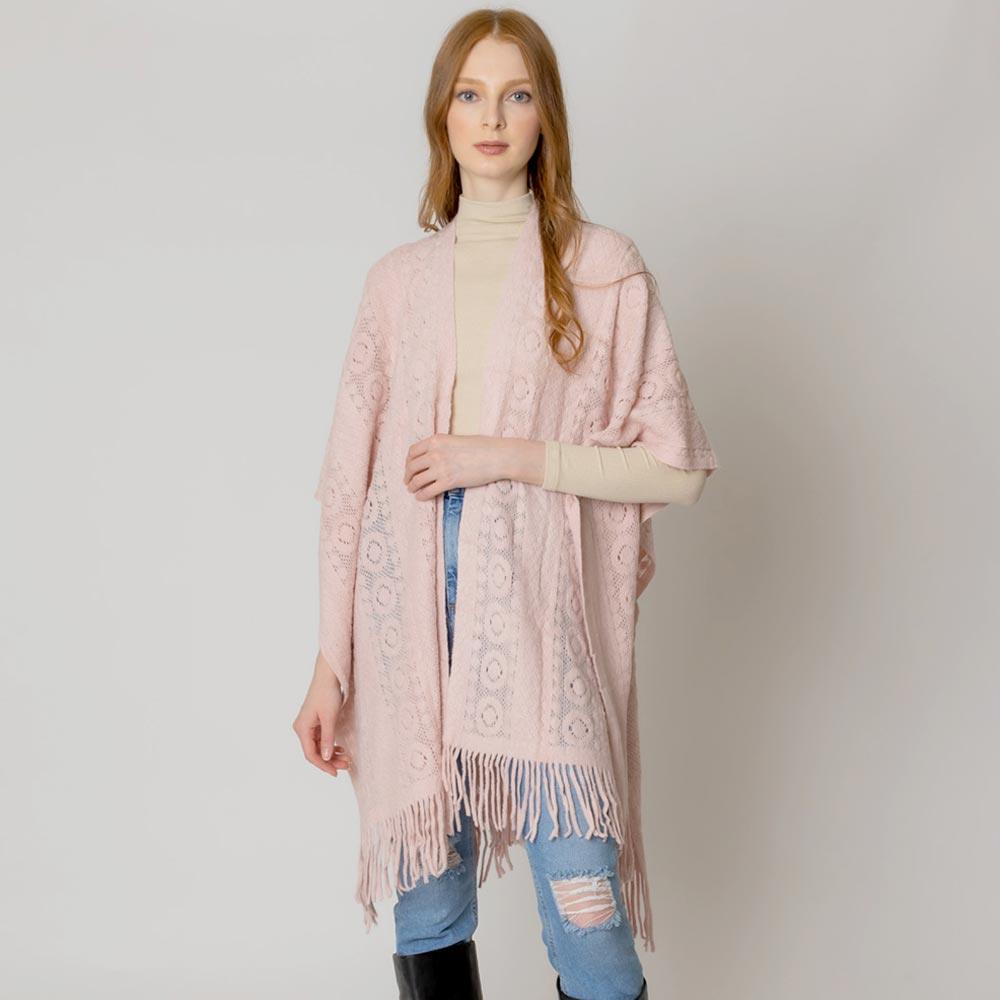 Pink Solid Crochet Ruana Poncho