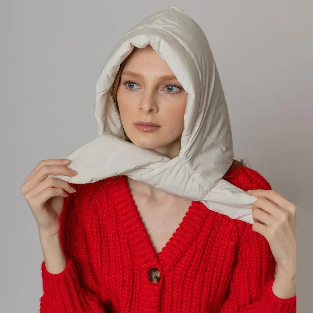 Ivory Padded Puffer Snood Hat With Tie - Jewelry Store by Erik Rayo