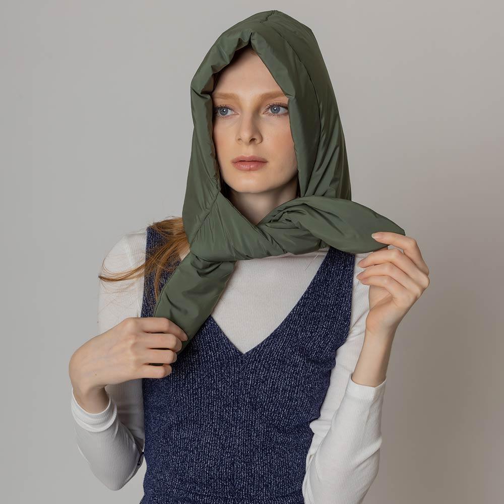 Olive Green Padded Puffer Snood Hat With Tie - Jewelry Store by Erik Rayo