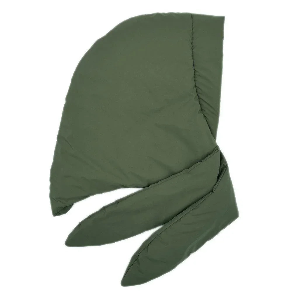 Olive Green Padded Puffer Snood Hat With Tie - Jewelry Store by Erik Rayo