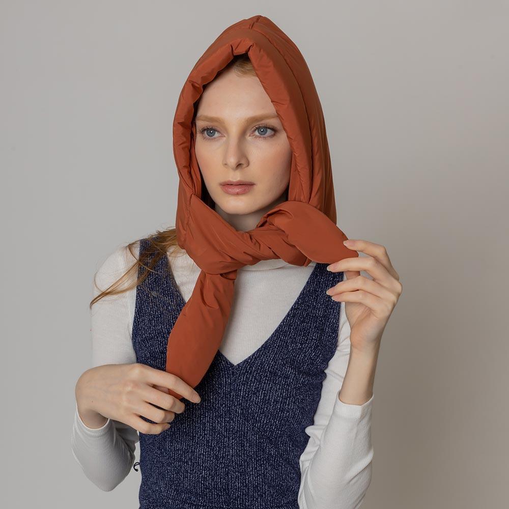 Rust Padded Puffer Snood Hat With Tie - Jewelry Store by Erik Rayo