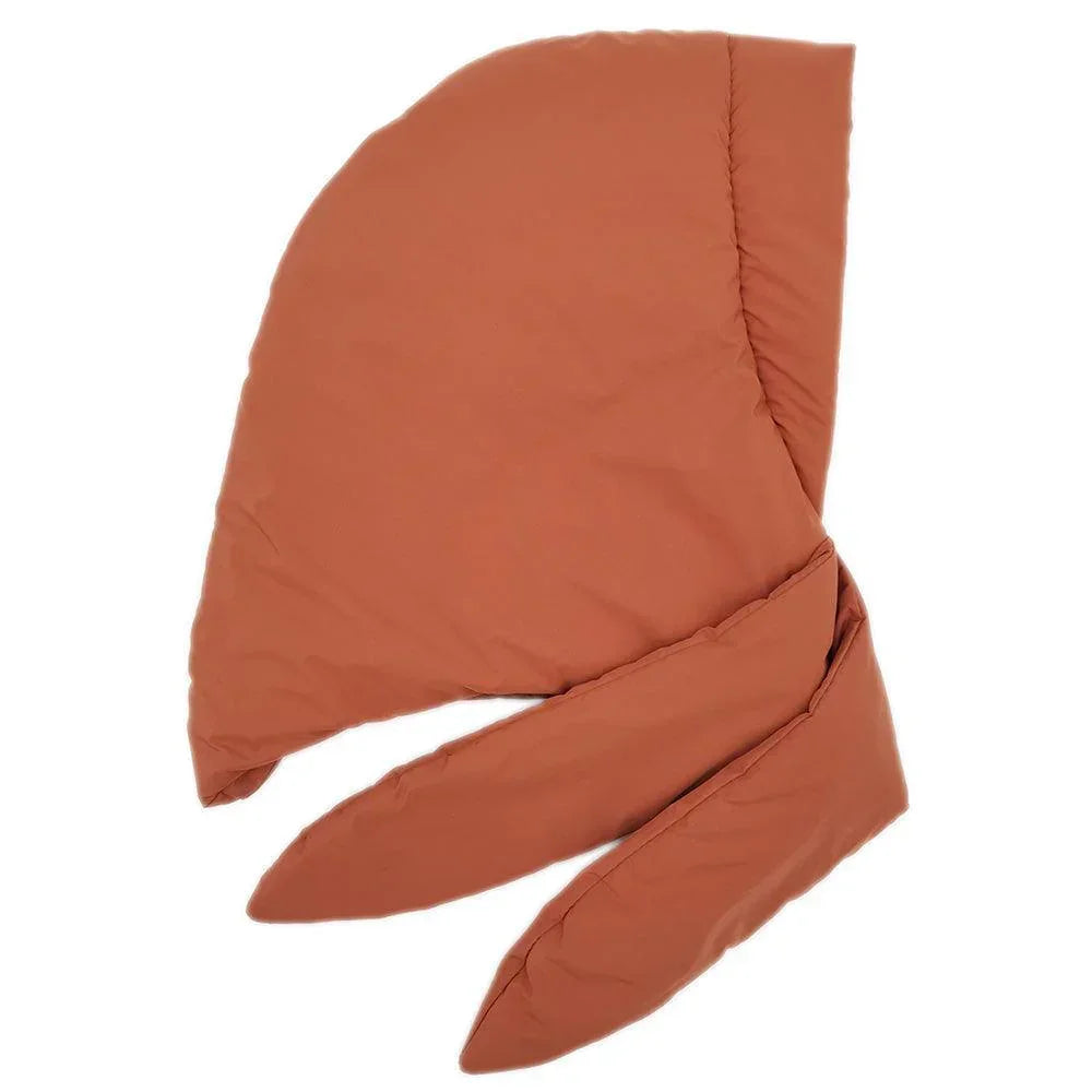 Rust Padded Puffer Snood Hat With Tie - Jewelry Store by Erik Rayo