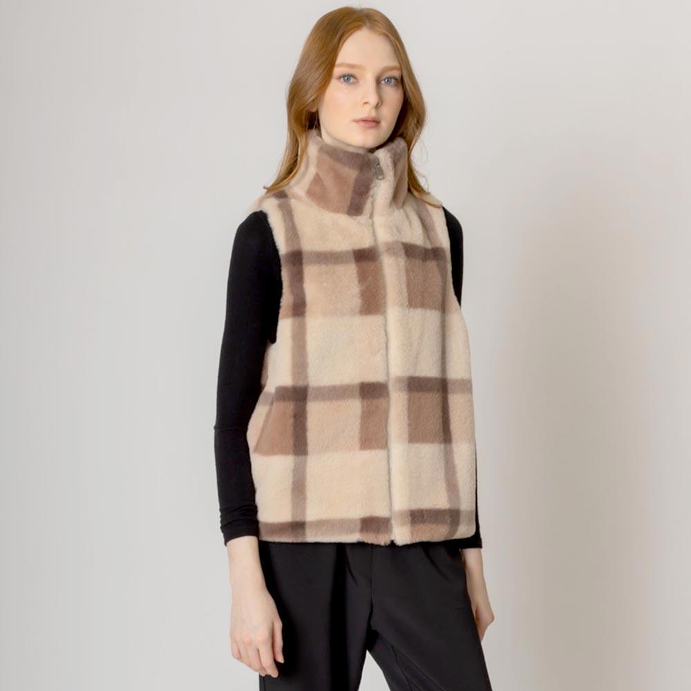 Brown Plaid Check Patterned Faux Fur Vest