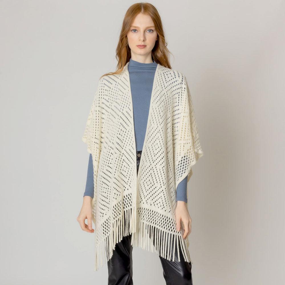 Ivory Cut Out Detailed Ruana Poncho