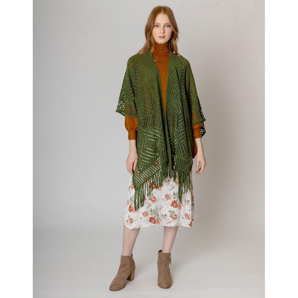Olive Green Cut Out Detailed Ruana Poncho - Jewelry Store by Erik Rayo