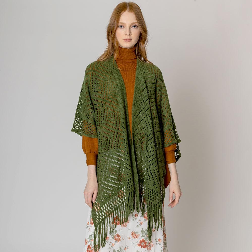 Olive Green Cut Out Detailed Ruana Poncho