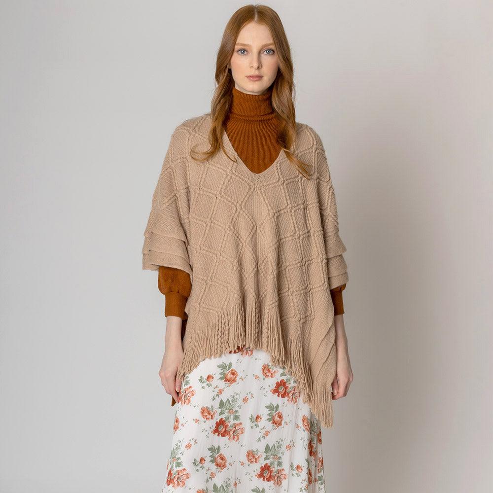 Beige Pattern Detailed Crochet Poncho