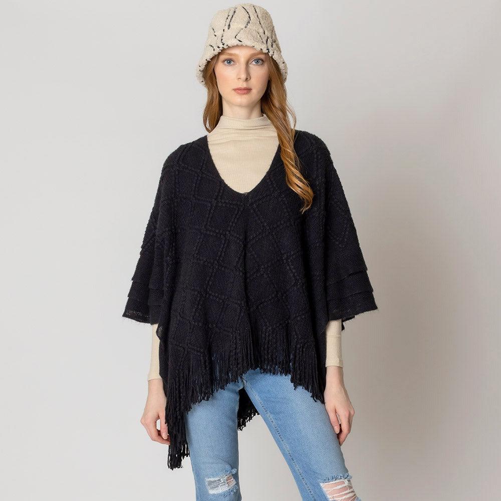 Black Pattern Detailed Crochet Poncho