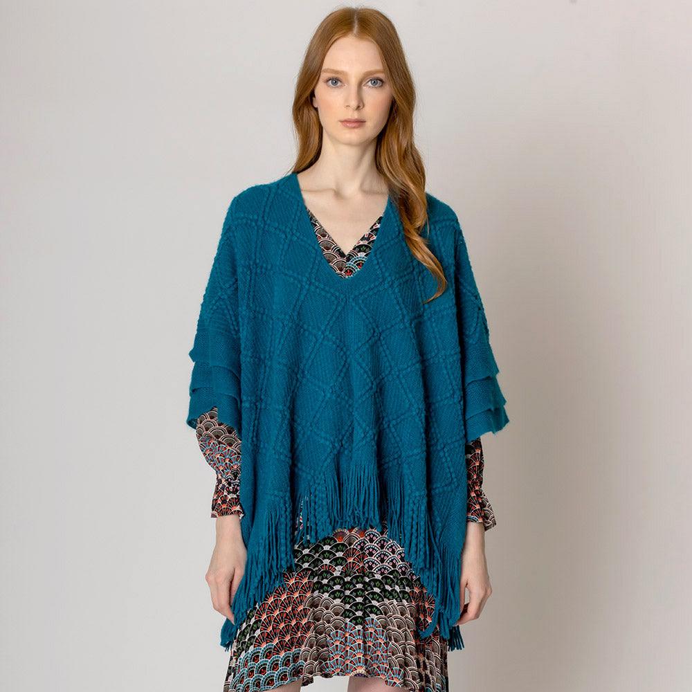 Teal Pattern Detailed Crochet Poncho