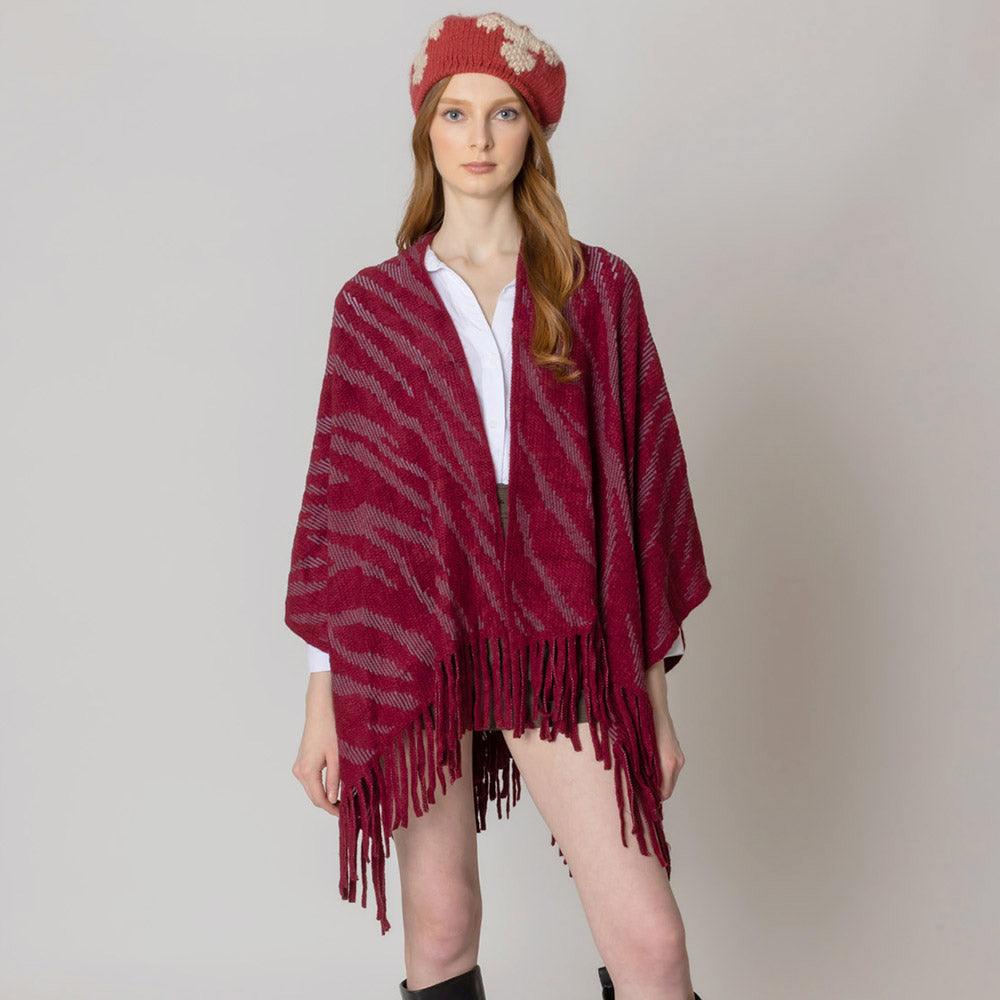 Burgundy Zebra Patterned Crochet Poncho