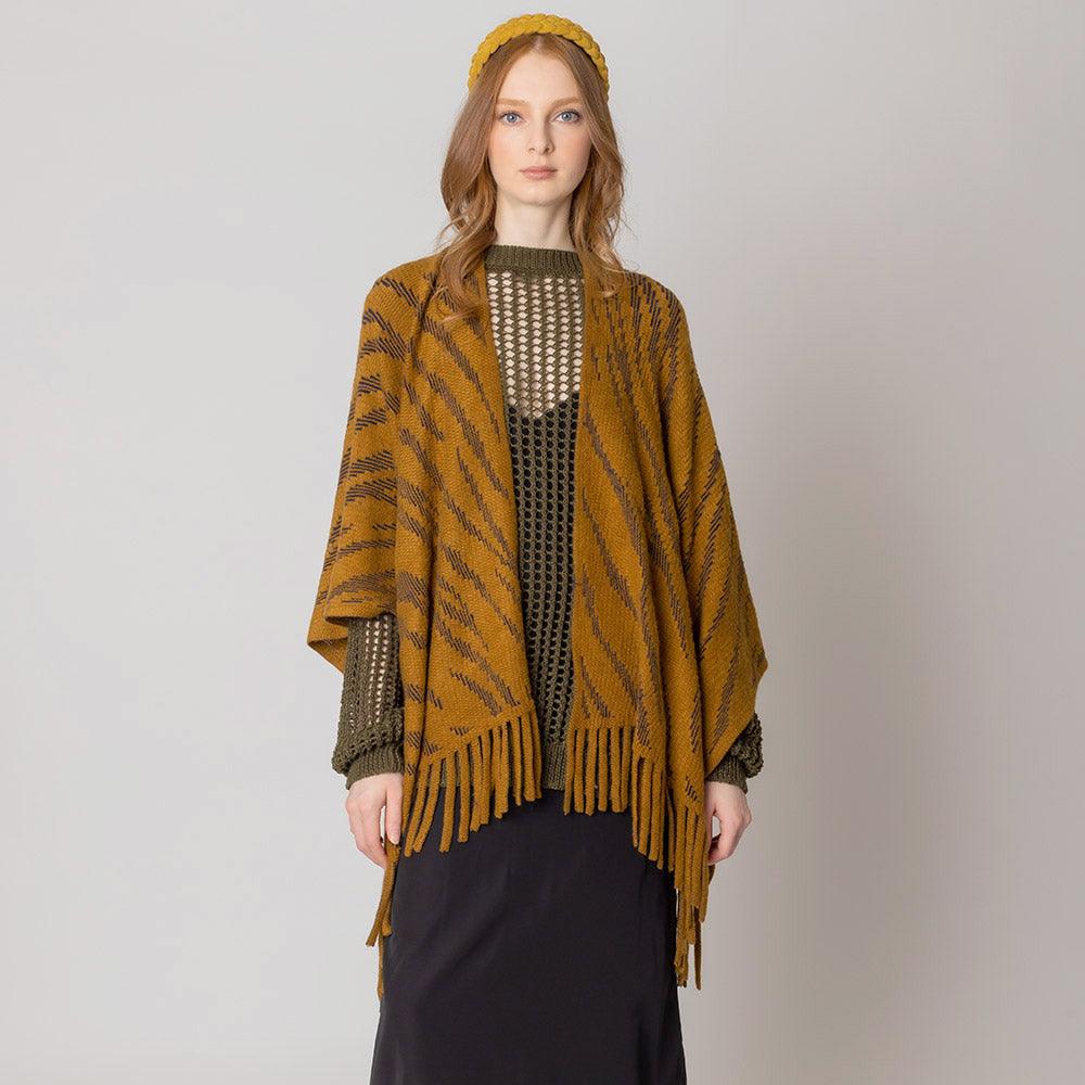 Camel Zebra Patterned Crochet Poncho