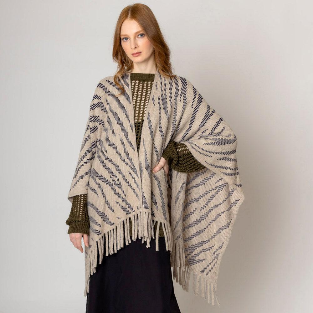 Taupe Zebra Patterned Crochet Poncho