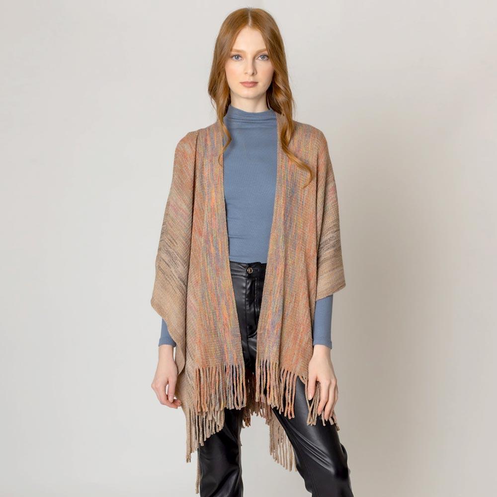 Taupe Multi Colored Metallic Knit Ruana Poncho