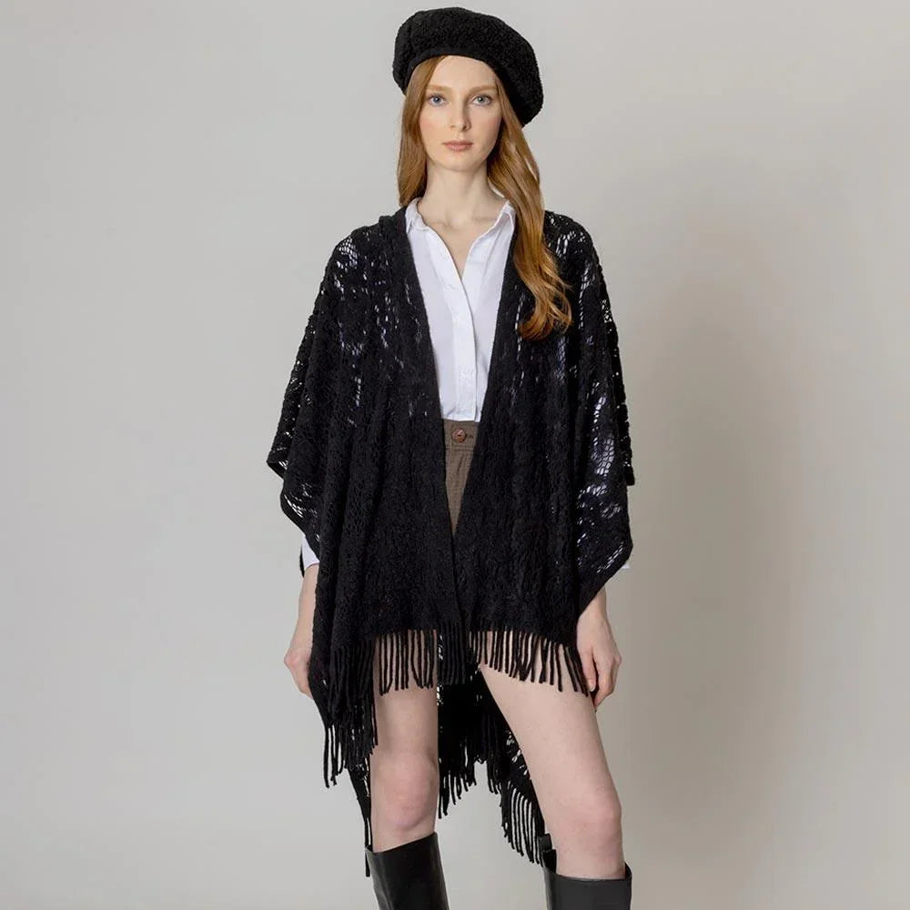 Black Floral Solid Crochet Ruana Poncho - Jewelry Store by Erik Rayo