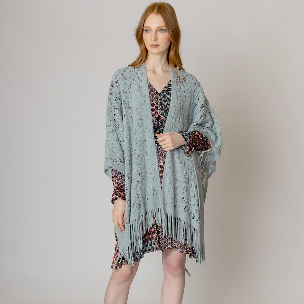 Blue Floral Solid Crochet Ruana Poncho