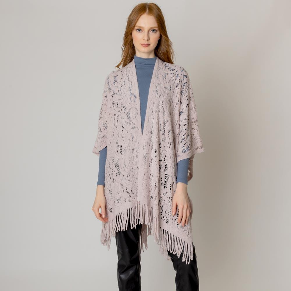 Pink Floral Solid Crochet Ruana Poncho