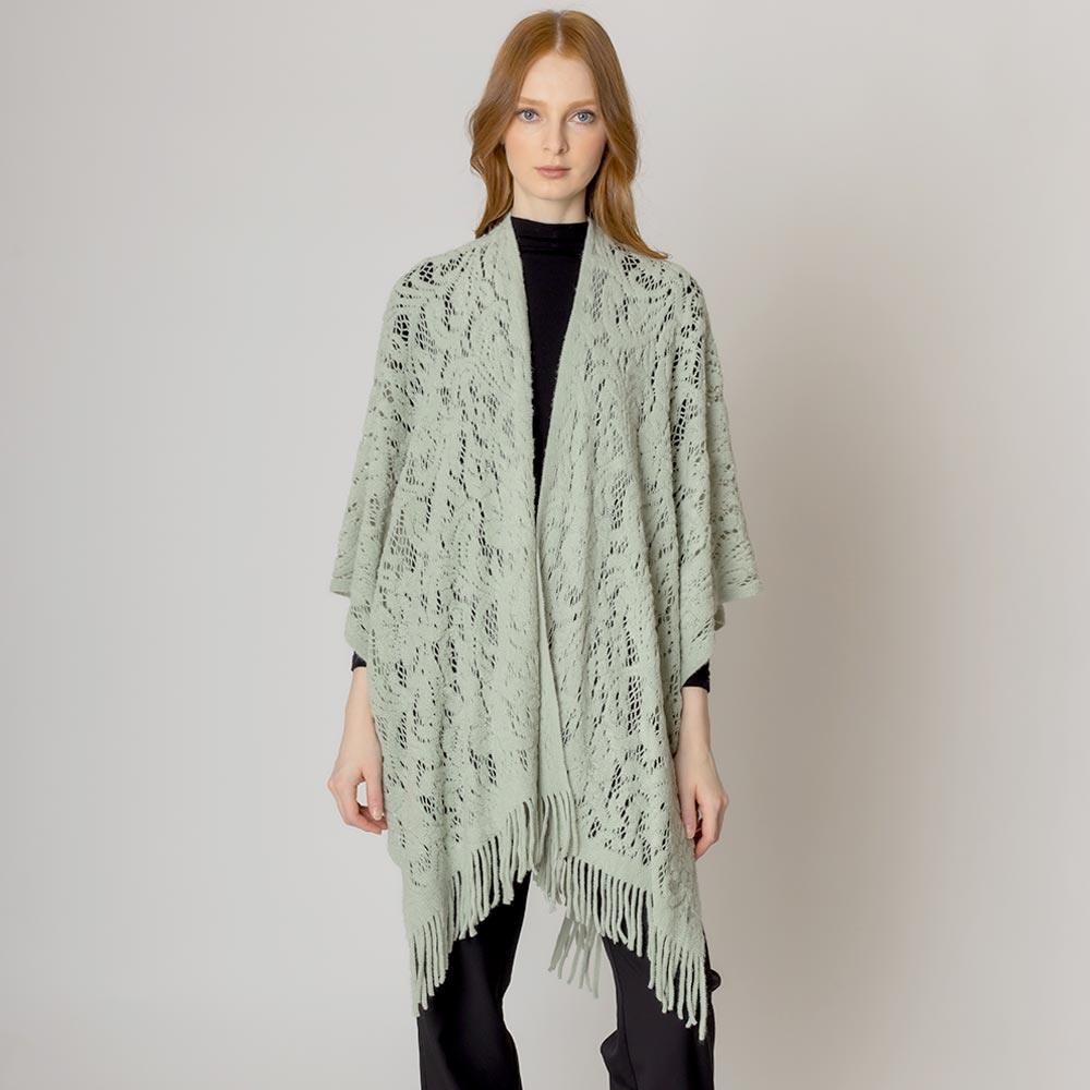 Green Floral Solid Crochet Ruana Poncho