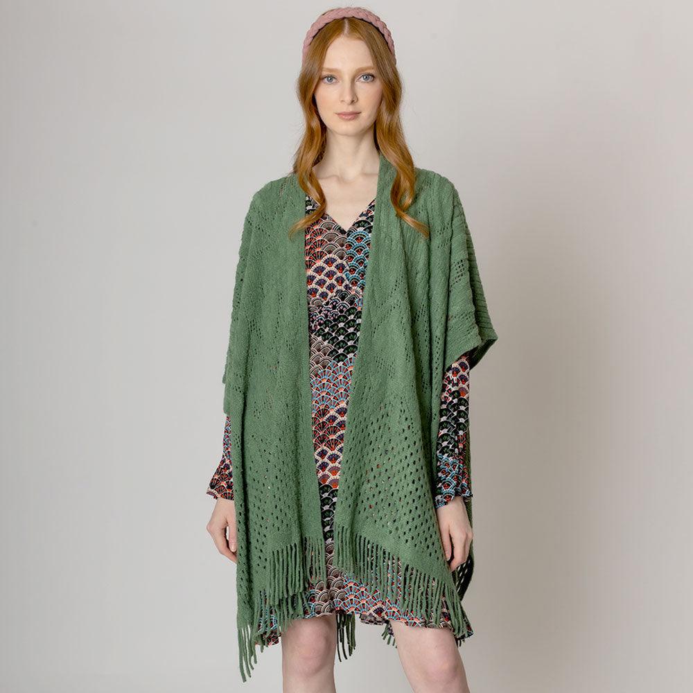 Green Cut Out Detailed Ruana Poncho