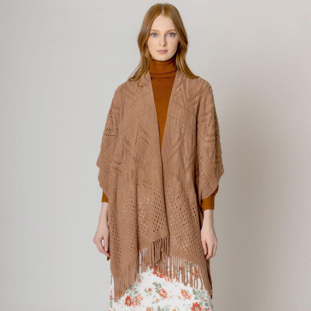 Taupe Cut Out Detailed Ruana Poncho