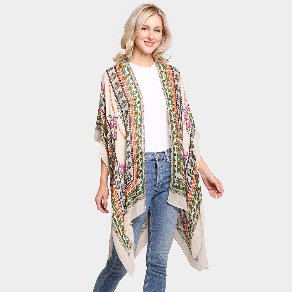 Beige Multi Patterned Cover Up Kimono Poncho