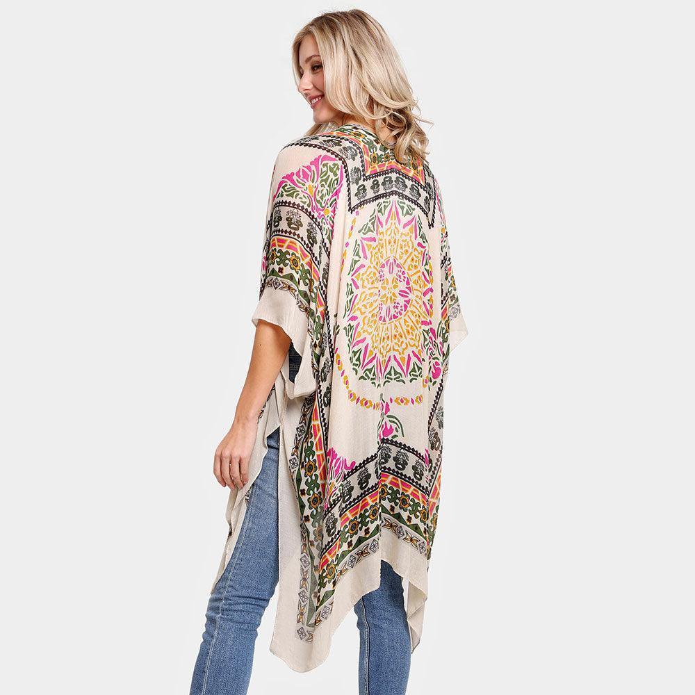 Beige Multi Patterned Cover Up Kimono Poncho - Jewelry Store by Erik Rayo