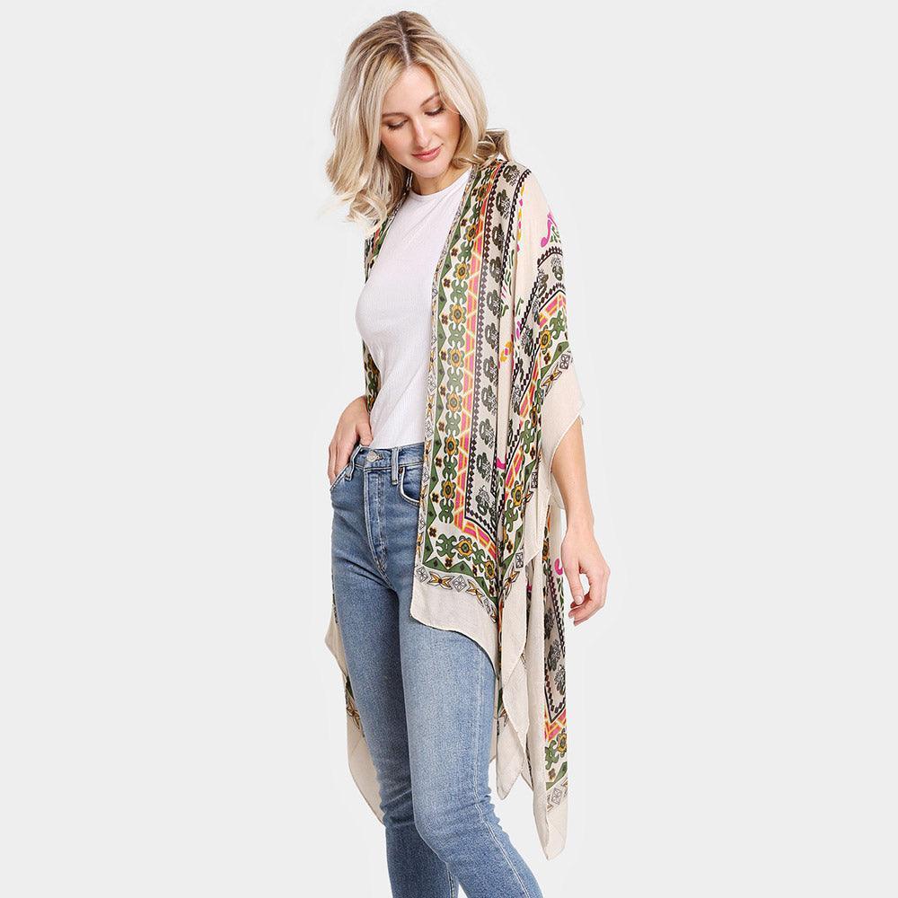 Beige Multi Patterned Cover Up Kimono Poncho - Jewelry Store by Erik Rayo