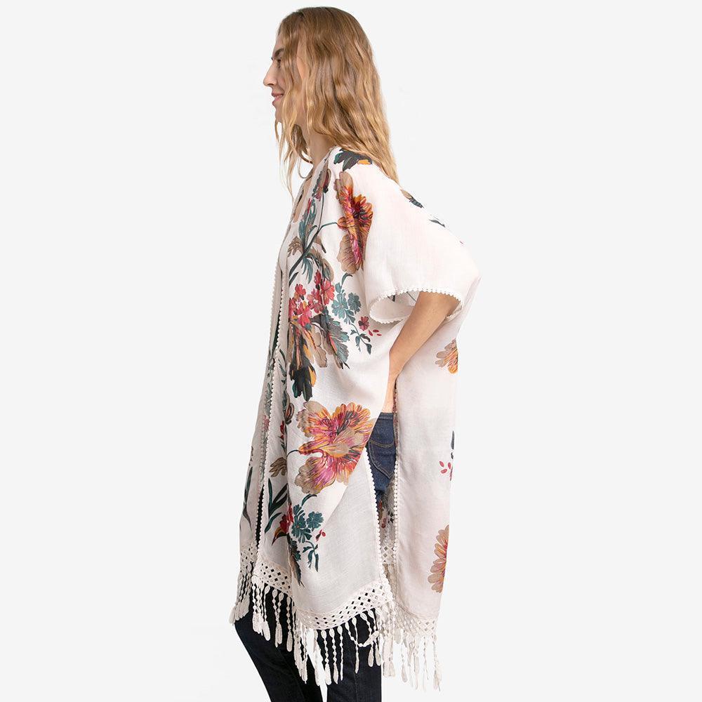 White Flower Patterned Tassel Cover Up Kimono Poncho - Jewelry Store by Erik Rayo