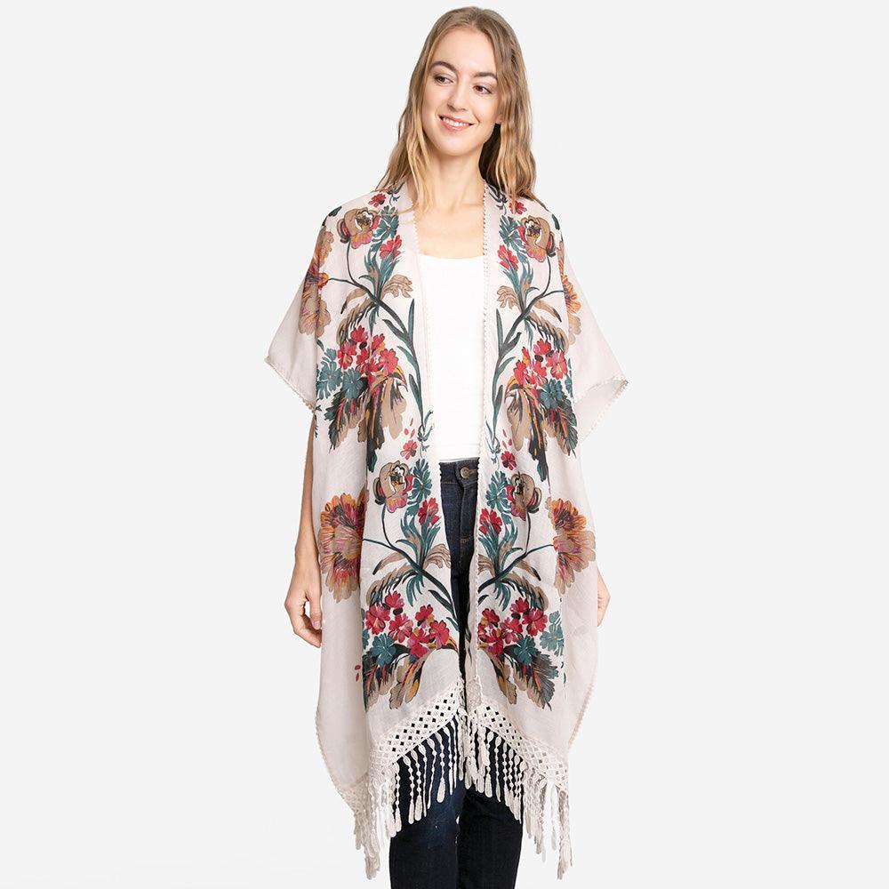 White Flower Patterned Tassel Cover Up Kimono Poncho - Jewelry Store by Erik Rayo