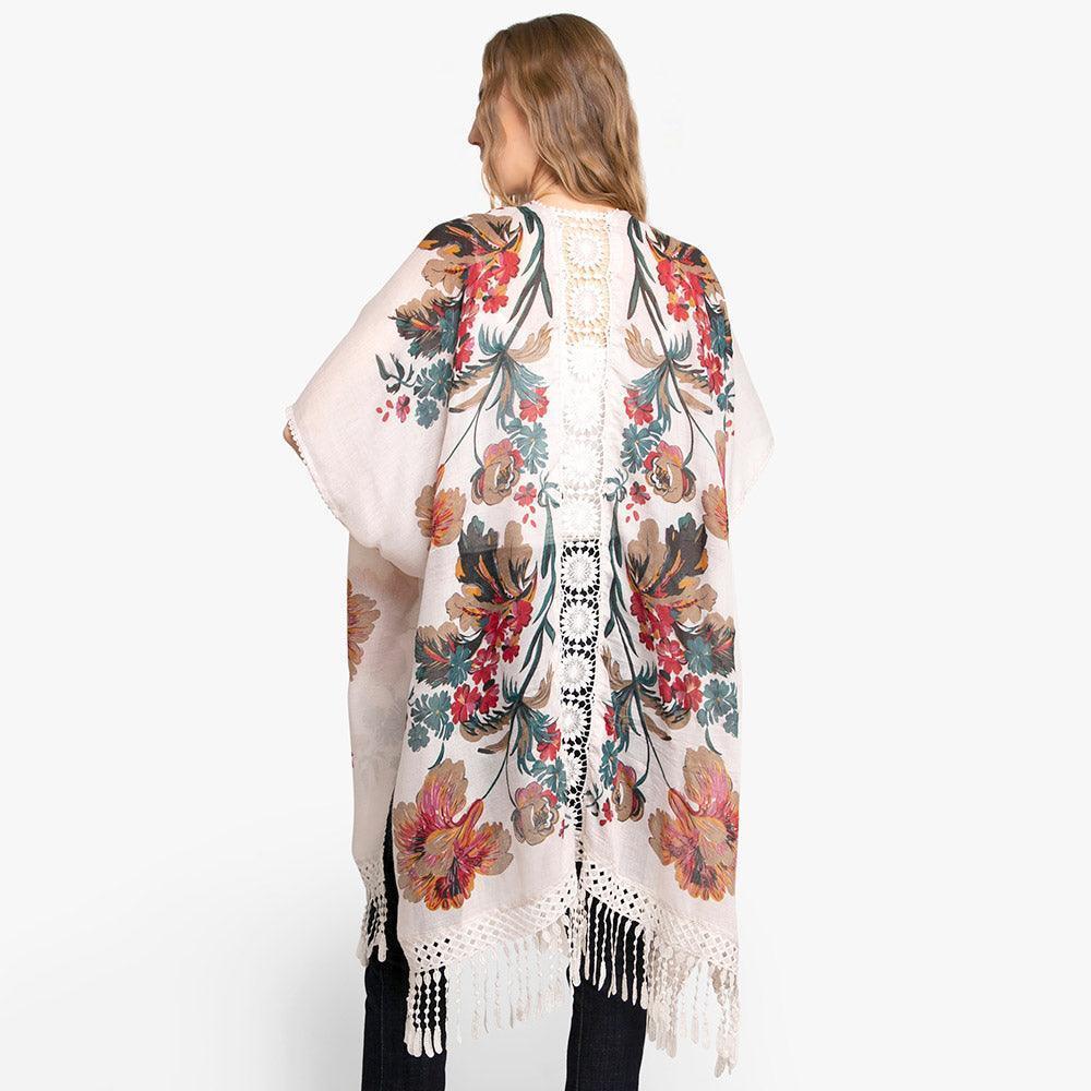 White Flower Patterned Tassel Cover Up Kimono Poncho - Jewelry Store by Erik Rayo