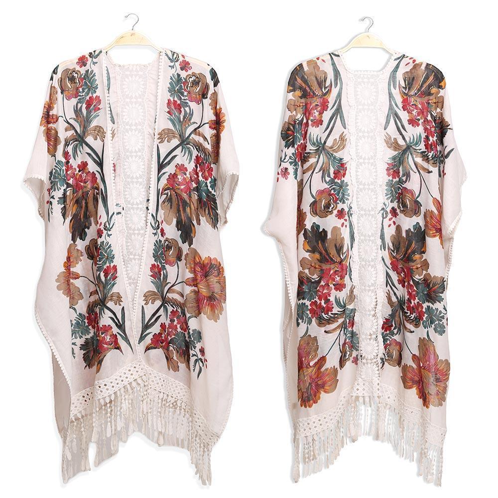 White Flower Patterned Tassel Cover Up Kimono Poncho - Jewelry Store by Erik Rayo
