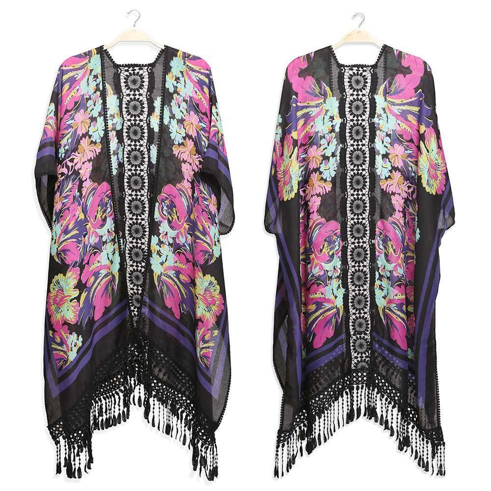 Navy Floral Patterned Lace Cover Up Kimono Poncho - Jewelry Store by Erik Rayo
