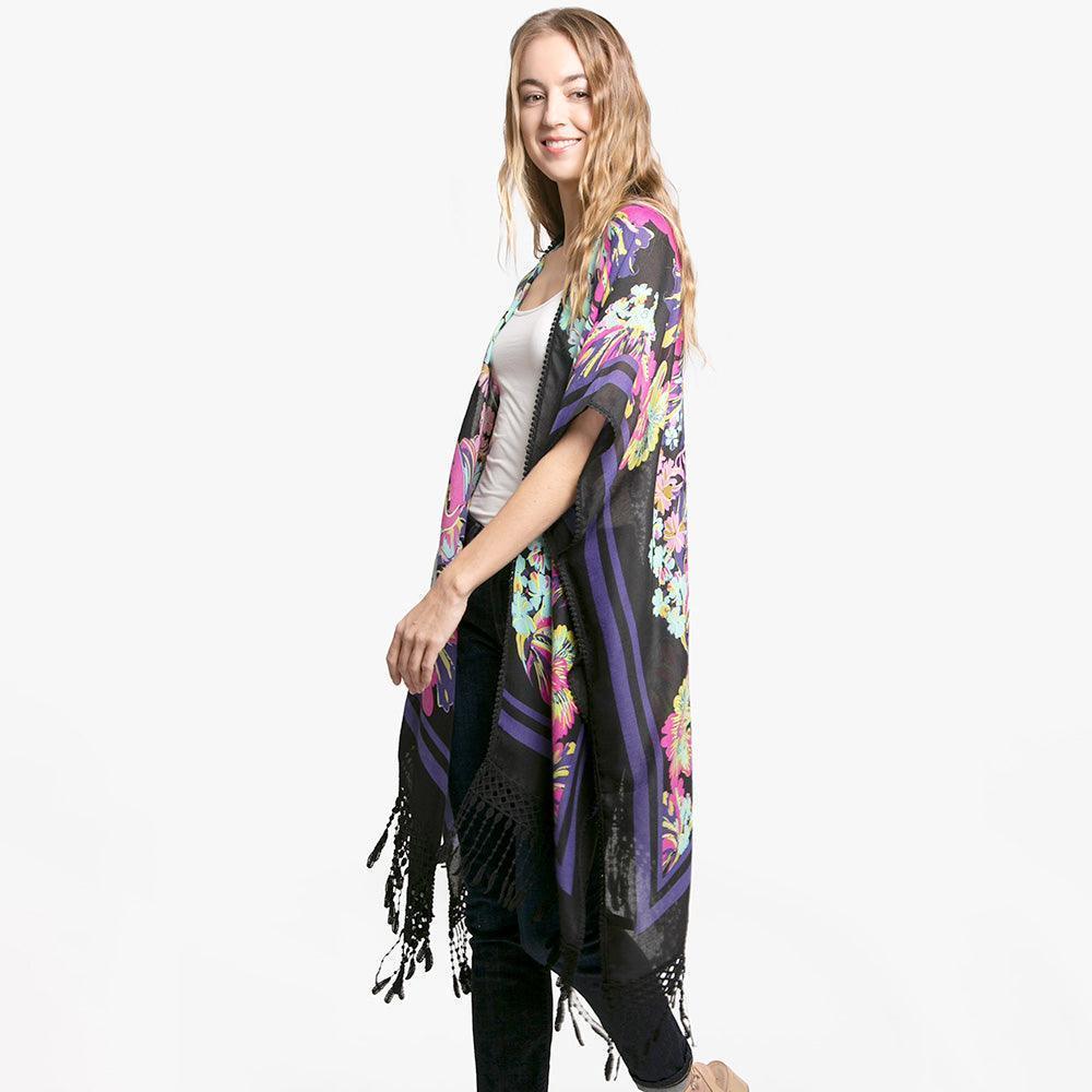 Navy Floral Patterned Lace Cover Up Kimono Poncho - Jewelry Store by Erik Rayo
