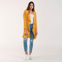Load image into Gallery viewer, Mustard Waterfall Lapel Satin Cardigan
