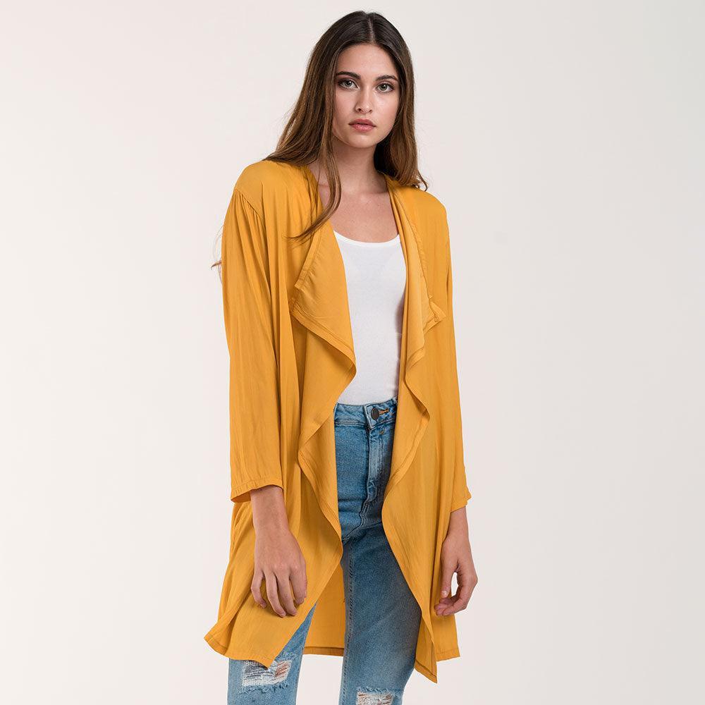 Mustard Waterfall Lapel Satin Cardigan