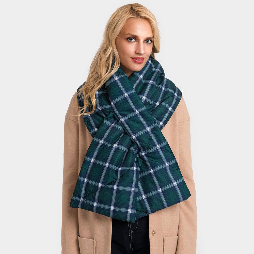 Green Plaid Check Puffy Scarf