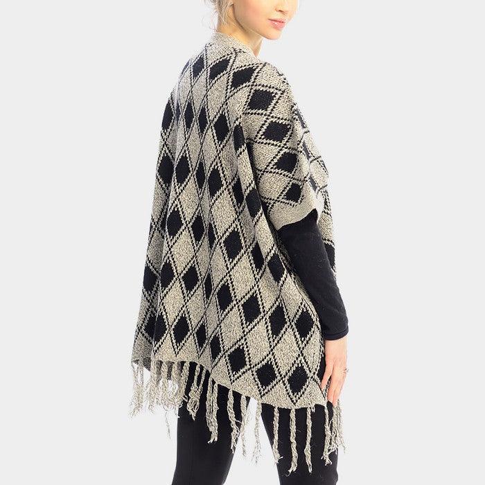 Beige DIAMOND PATTERN FRINGE TRIM PONCHO SHAWL - Jewelry Store by Erik Rayo