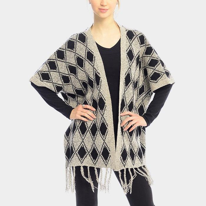 Beige DIAMOND PATTERN FRINGE TRIM PONCHO SHAWL - Jewelry Store by Erik Rayo