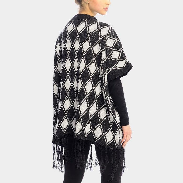 White DIAMOND PATTERN FRINGE TRIM PONCHO SHAWL - Jewelry Store by Erik Rayo