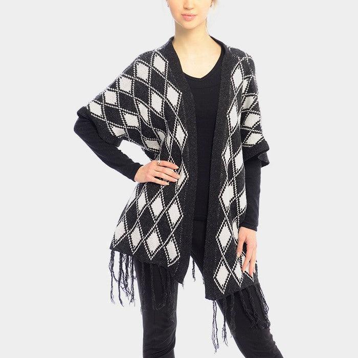 White DIAMOND PATTERN FRINGE TRIM PONCHO SHAWL - Jewelry Store by Erik Rayo