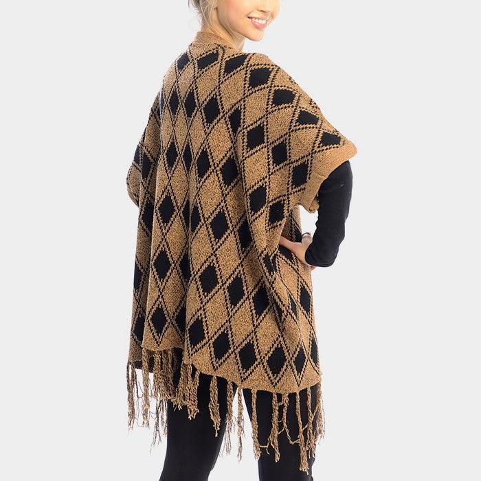 Brown DIAMOND PATTERN FRINGE TRIM PONCHO SHAWL - Jewelry Store by Erik Rayo