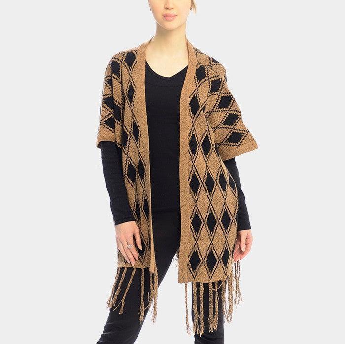 Brown DIAMOND PATTERN FRINGE TRIM PONCHO SHAWL - Jewelry Store by Erik Rayo