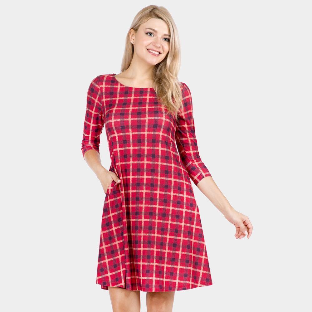 Red Plaid Check Pinafore A Line Swing Dress - Jewelry Store by Erik Rayo
