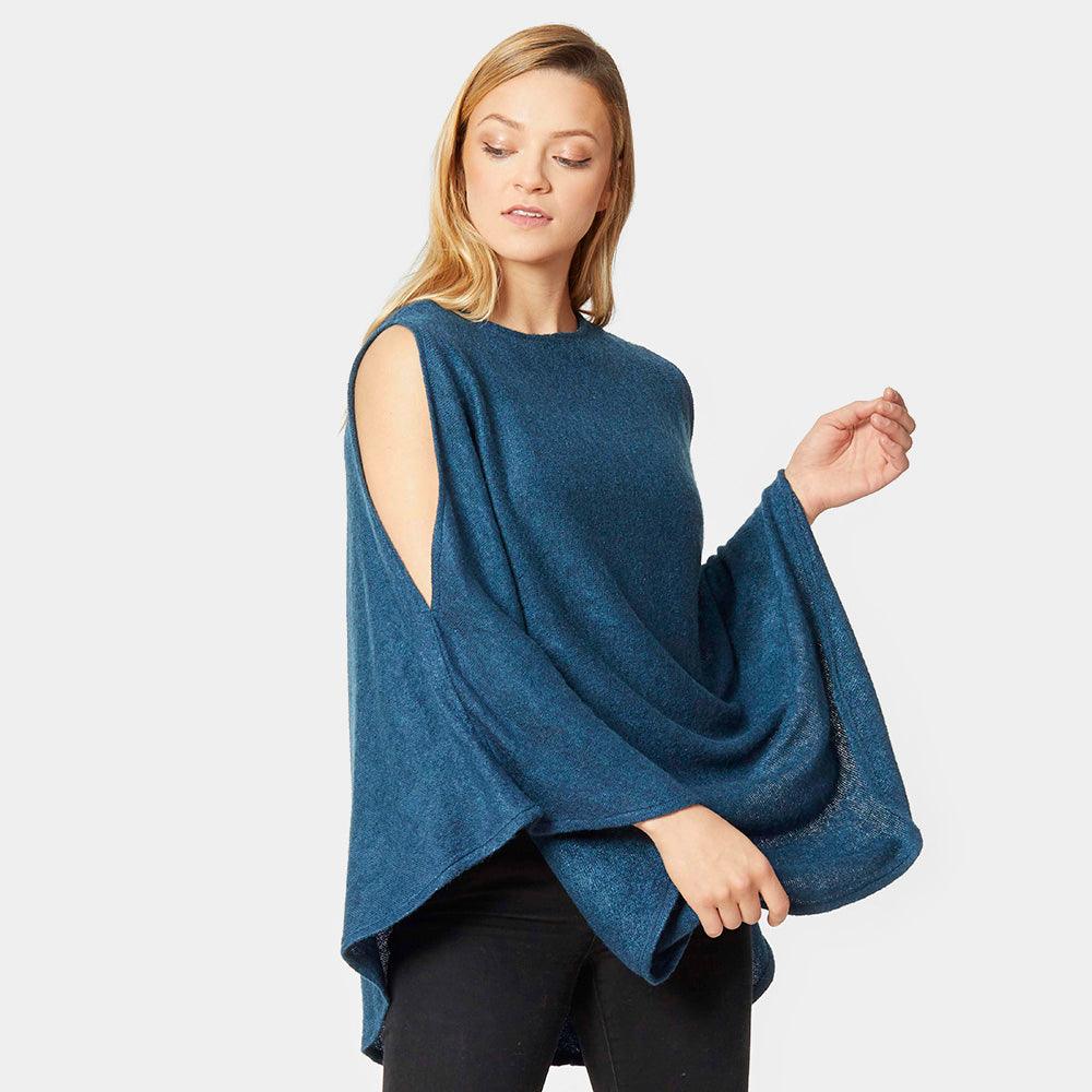 Blue Open Shoulder Solid Poncho