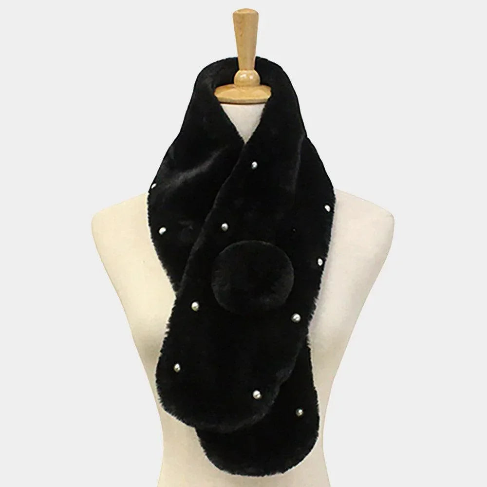 Black Pearl Embellished Faux Fur Pom Pom Pull Through Scarf - Jewelry Store by Erik Rayo