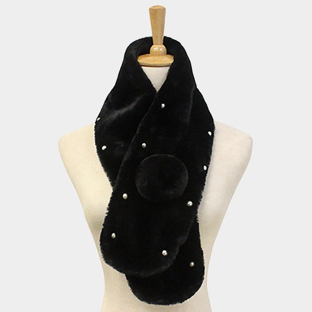 Black Pearl Embellished Faux Fur Pom Pom Pull Through Scarf