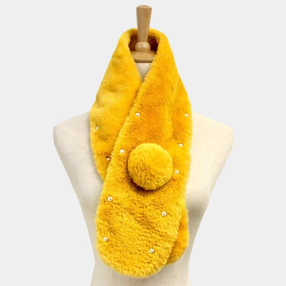Mustard Pearl Embellished Faux Fur Pom Pom Pull Through Scarf - Jewelry Store by Erik Rayo