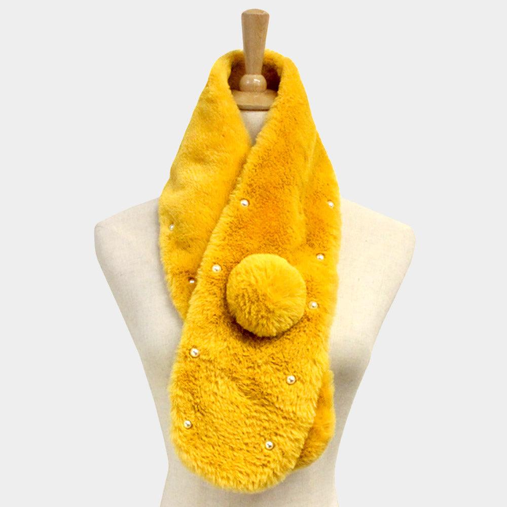 Mustard Pearl Embellished Faux Fur Pom Pom Pull Through Scarf