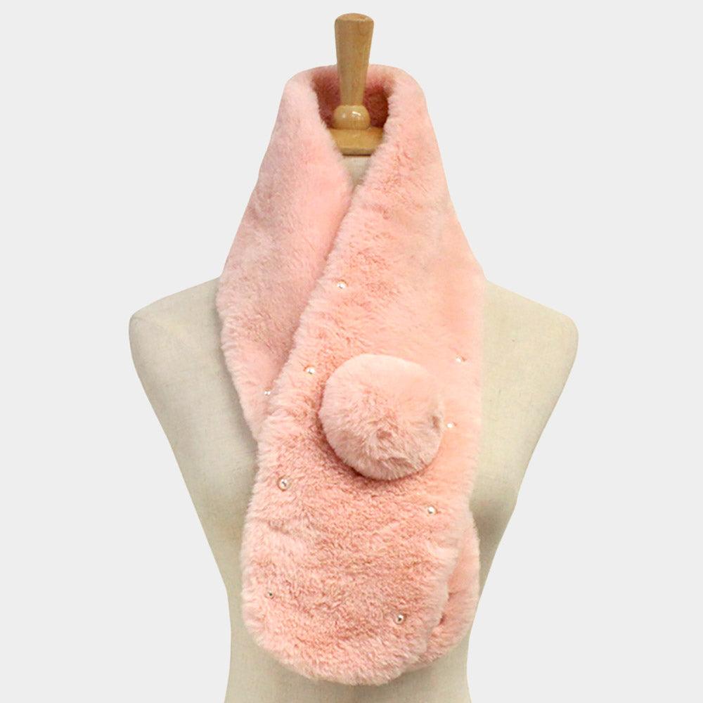 Pink Pearl Embellished Faux Fur Pom Pom Pull Through Scarf