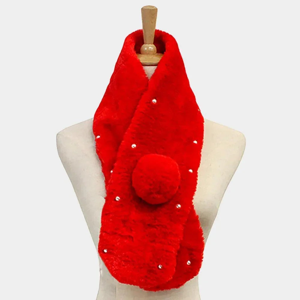Red Pearl Embellished Faux Fur Pom Pom Pull Through Scarf - Jewelry Store by Erik Rayo
