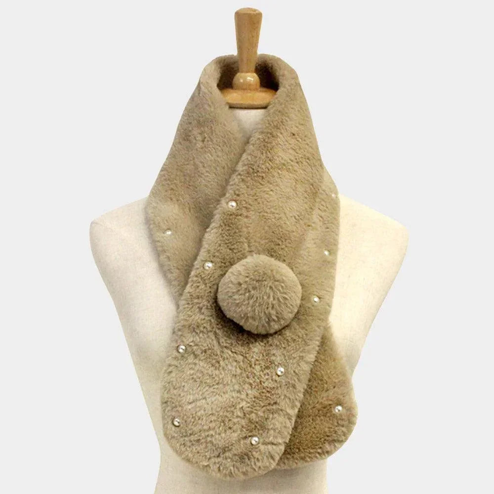 Tan Pearl Embellished Faux Fur Pom Pom Pull Through Scarf - Jewelry Store by Erik Rayo